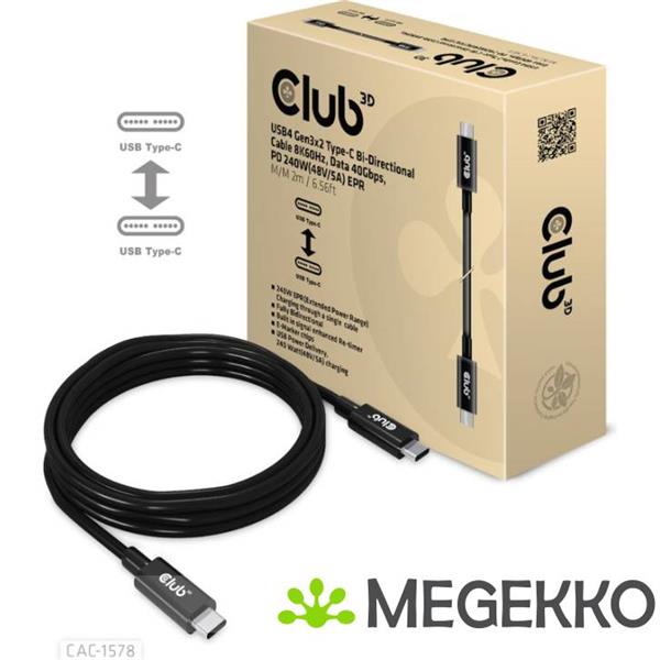 Grote foto club3d usb4 gen3x2 type c bi directional cable 8k60hz data 40gbps pd 240w 48v 5a epr m m 2m 6.5 computers en software overige computers en software