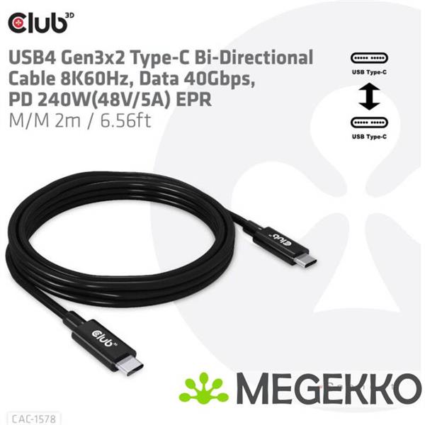 Grote foto club3d usb4 gen3x2 type c bi directional cable 8k60hz data 40gbps pd 240w 48v 5a epr m m 2m 6.5 computers en software overige computers en software