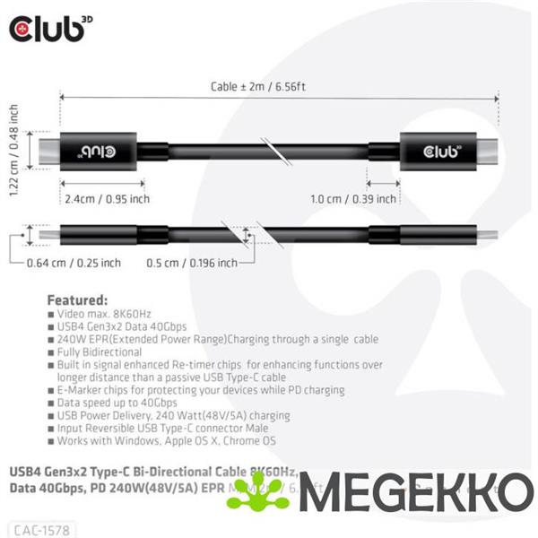 Grote foto club3d usb4 gen3x2 type c bi directional cable 8k60hz data 40gbps pd 240w 48v 5a epr m m 2m 6.5 computers en software overige computers en software