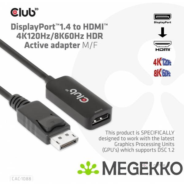 Grote foto club3d displayport1.4 to hdmi 4k120hz 8k60hz hdr active adapter m f computers en software overige computers en software