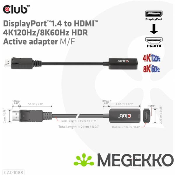 Grote foto club3d displayport1.4 to hdmi 4k120hz 8k60hz hdr active adapter m f computers en software overige computers en software