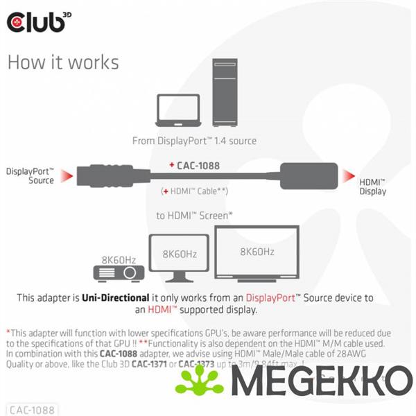 Grote foto club3d displayport1.4 to hdmi 4k120hz 8k60hz hdr active adapter m f computers en software overige computers en software