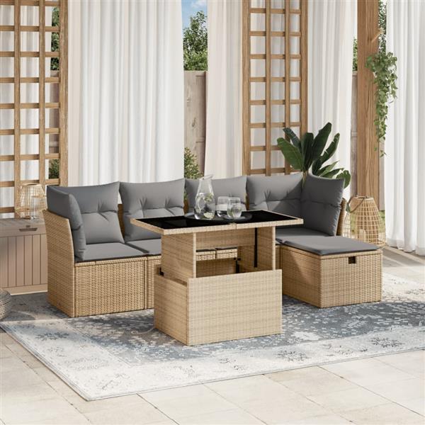 Grote foto vidaxl 6 delige loungeset met kussens poly rattan beige tuin en terras tuinmeubelen