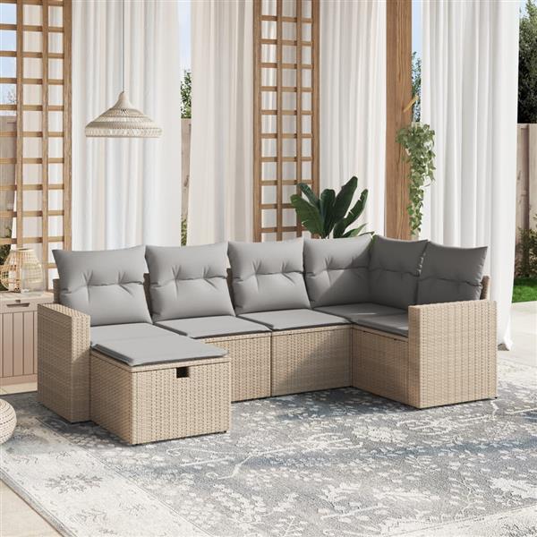 Grote foto vidaxl 6 delige loungeset met kussens poly rattan gemengd beige tuin en terras tuinmeubelen