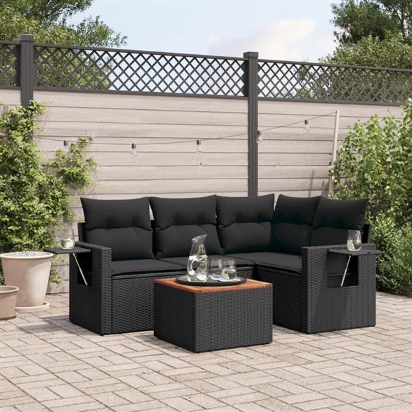 Grote foto vidaxl 5 delige loungeset met kussens poly rattan zwart tuin en terras tuinmeubelen