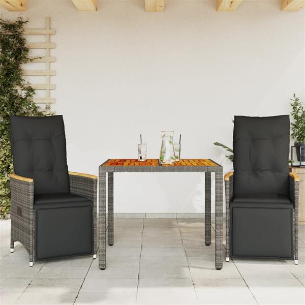 Grote foto vidaxl 3 delige bistroset met kussens poly rattan grijs tuin en terras tuinmeubelen