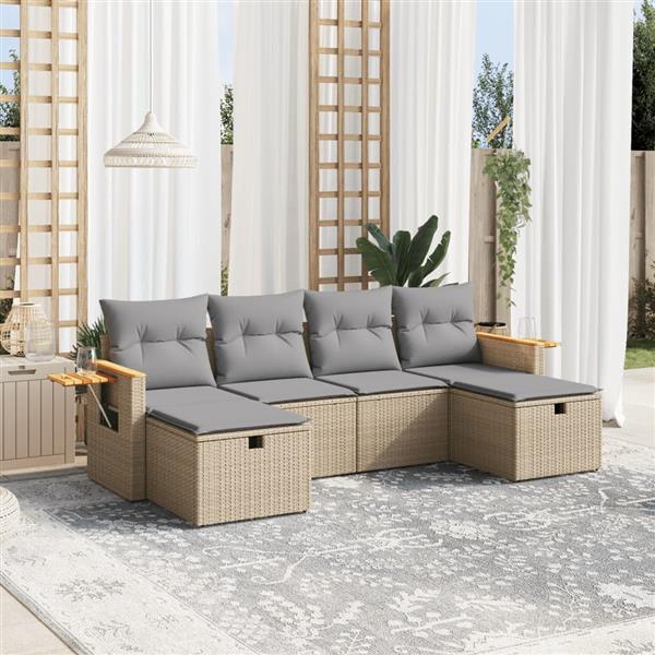 Grote foto vidaxl 6 delige loungeset met kussens poly rattan gemengd beige tuin en terras tuinmeubelen