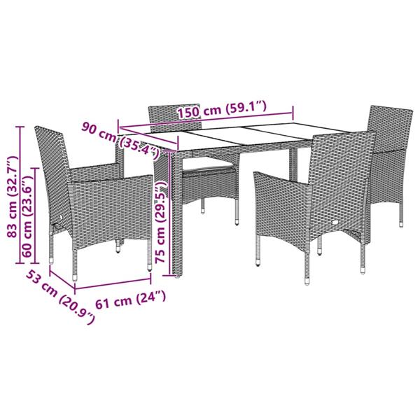 Grote foto vidaxl 5 delige tuinset met kussens poly rattan en glas bruin tuin en terras tuinmeubelen