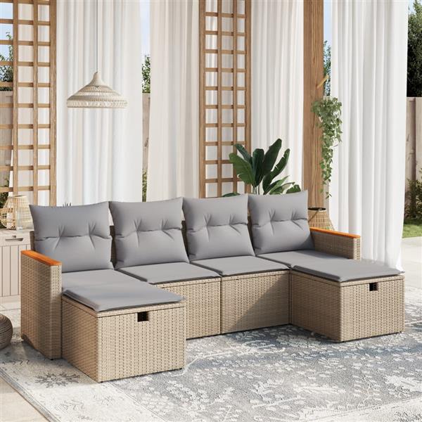 Grote foto vidaxl 6 delige loungeset met kussens poly rattan gemengd beige tuin en terras tuinmeubelen