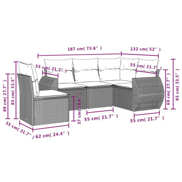 Grote foto vidaxl 5 delige loungeset met kussens poly rattan beige tuin en terras tuinmeubelen