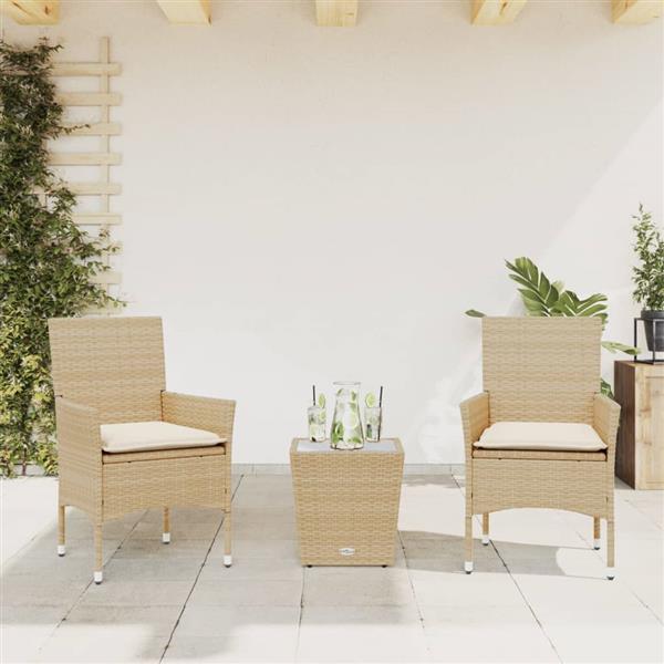 Grote foto vidaxl 3 delige bistroset met kussens poly rattan en glas beige tuin en terras tuinmeubelen