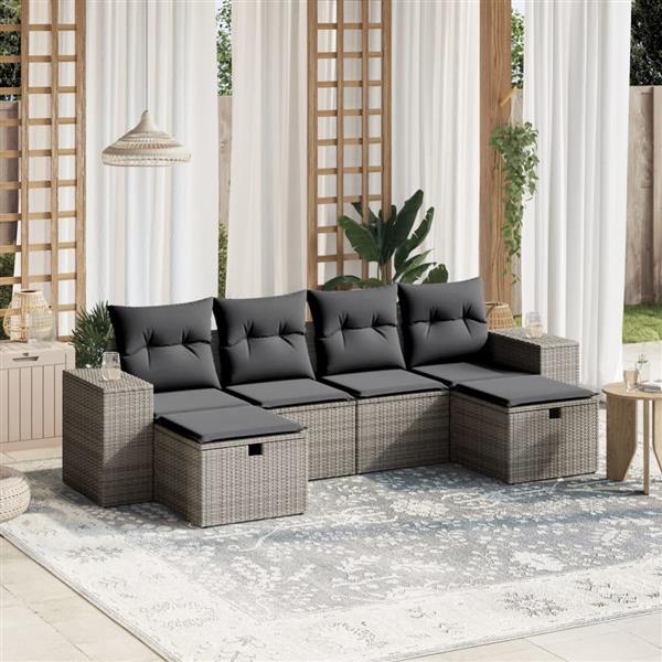 Grote foto vidaxl 6 delige loungeset met kussens poly rattan grijs tuin en terras tuinmeubelen