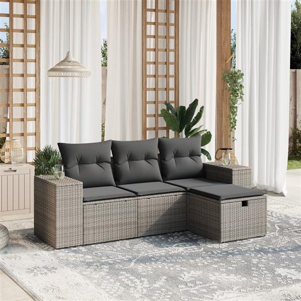 Grote foto vidaxl 4 delige loungeset met kussens poly rattan grijs tuin en terras tuinmeubelen