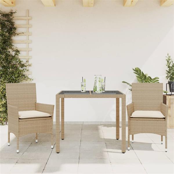 Grote foto vidaxl 3 delige tuinset met kussens poly rattan en glas beige tuin en terras tuinmeubelen