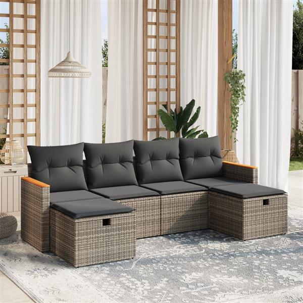 Grote foto vidaxl 6 delige loungeset met kussens poly rattan grijs tuin en terras tuinmeubelen