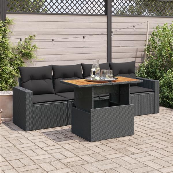 Grote foto vidaxl 5 delige loungeset met kussens poly rattan zwart tuin en terras tuinmeubelen