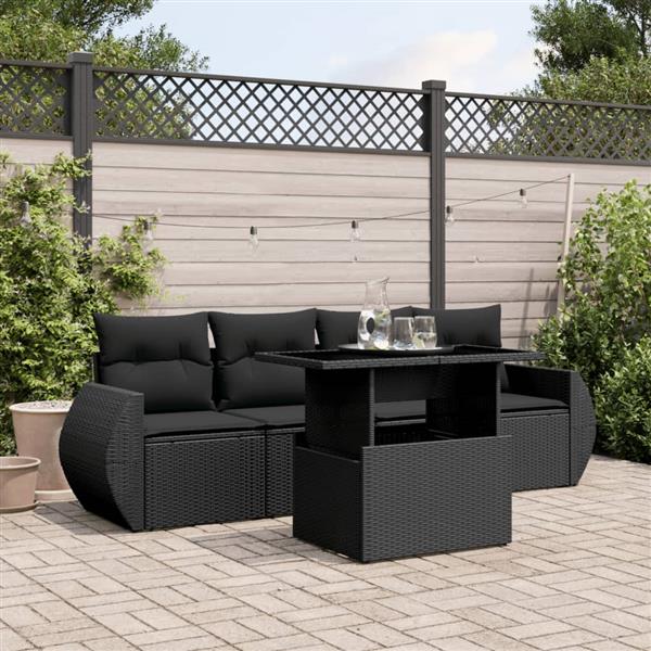 Grote foto vidaxl 5 delige loungeset met kussens poly rattan zwart tuin en terras tuinmeubelen