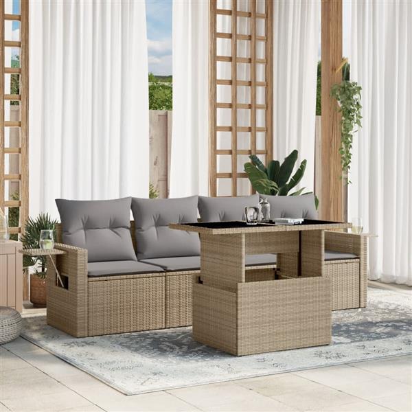 Grote foto vidaxl 5 delige loungeset met kussens poly rattan beige tuin en terras tuinmeubelen