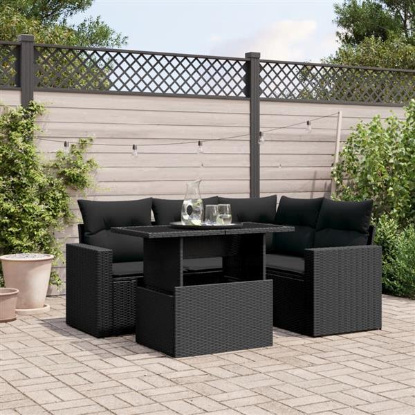 Grote foto vidaxl 5 delige loungeset met kussens poly rattan zwart tuin en terras tuinmeubelen