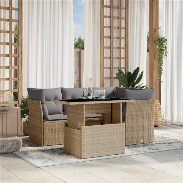 Grote foto vidaxl 5 delige loungeset met kussens poly rattan beige tuin en terras tuinmeubelen