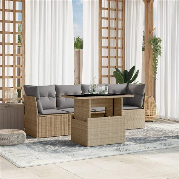 Grote foto vidaxl 5 delige loungeset met kussens poly rattan beige tuin en terras tuinmeubelen