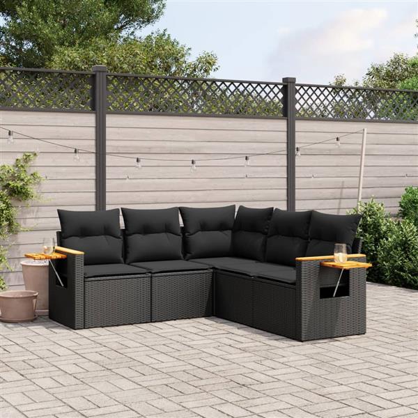 Grote foto vidaxl 5 delige loungeset met kussens poly rattan zwart tuin en terras tuinmeubelen