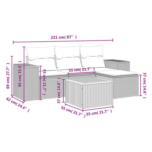 Grote foto vidaxl 5 delige loungeset met kussens poly rattan beige tuin en terras tuinmeubelen