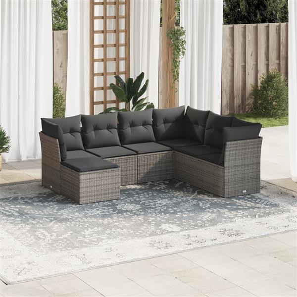 Grote foto vidaxl 7 delige loungeset met kussens poly rattan grijs tuin en terras tuinmeubelen