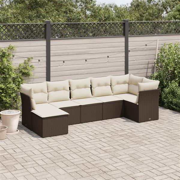 Grote foto vidaxl 7 delige loungeset met kussens poly rattan bruin tuin en terras tuinmeubelen