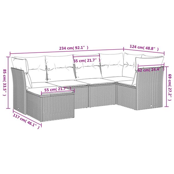 Grote foto vidaxl 6 delige loungeset met kussens poly rattan bruin tuin en terras tuinmeubelen