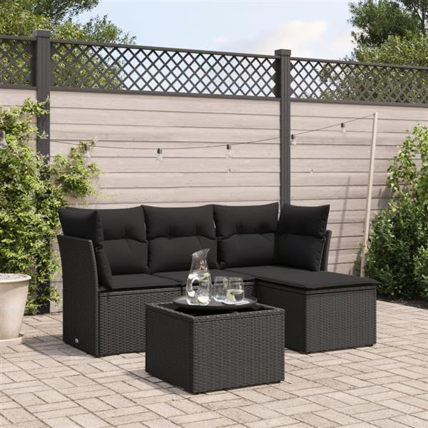 Grote foto vidaxl 5 delige loungeset met kussens poly rattan zwart tuin en terras tuinmeubelen