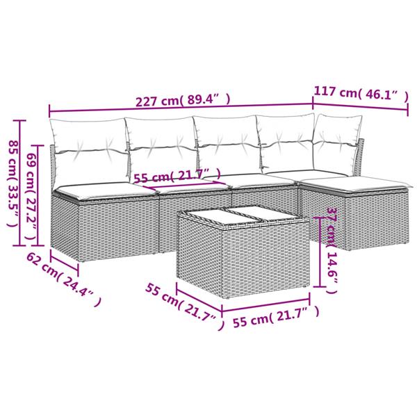 Grote foto vidaxl 6 delige loungeset met kussens poly rattan grijs tuin en terras tuinmeubelen