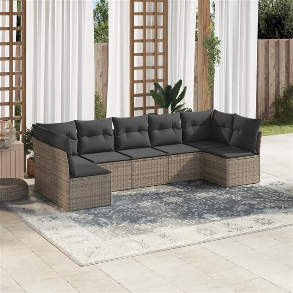 Grote foto vidaxl 7 delige loungeset met kussens poly rattan grijs tuin en terras tuinmeubelen