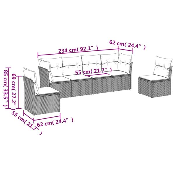 Grote foto vidaxl 6 delige loungeset met kussens poly rattan bruin tuin en terras tuinmeubelen