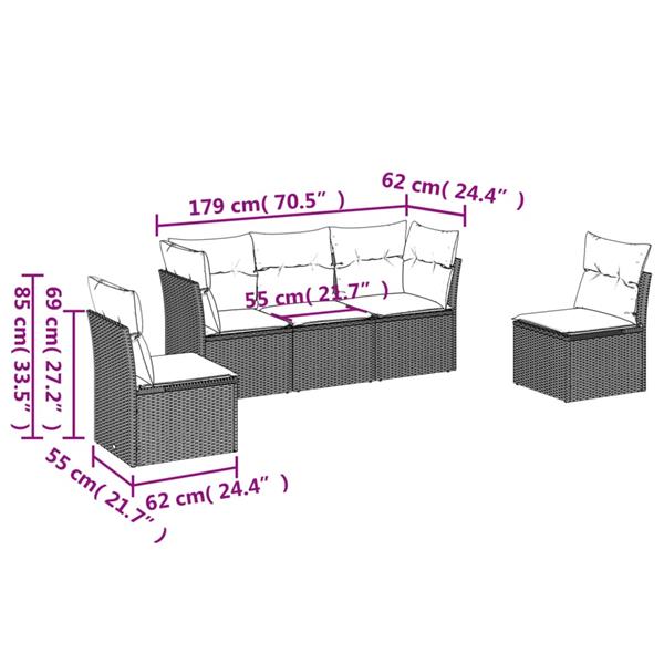 Grote foto vidaxl 5 delige loungeset met kussens poly rattan grijs tuin en terras tuinmeubelen