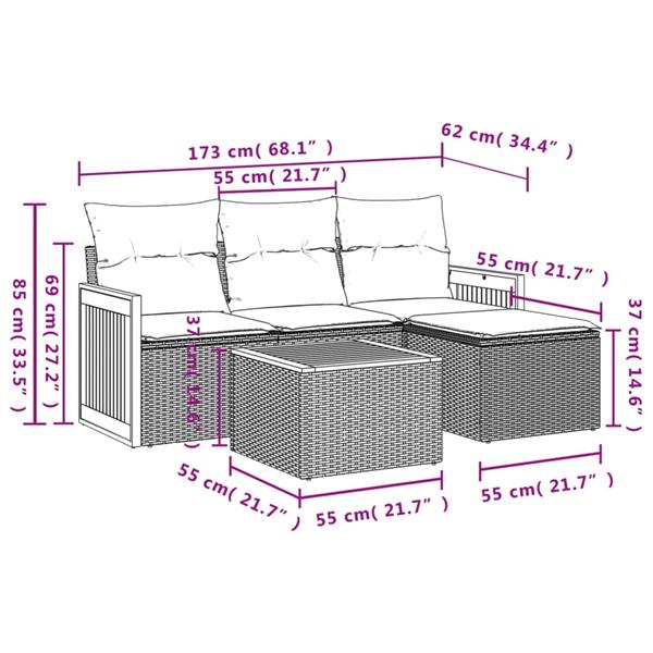 Grote foto vidaxl 5 delige loungeset met kussens poly rattan grijs tuin en terras tuinmeubelen