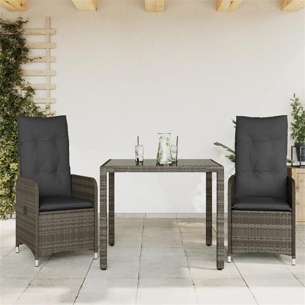 Grote foto vidaxl 3 delige bistroset met kussens poly rattan grijs tuin en terras tuinmeubelen