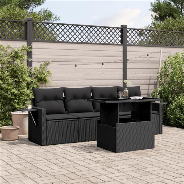 Grote foto vidaxl 5 delige loungeset met kussens poly rattan zwart tuin en terras tuinmeubelen