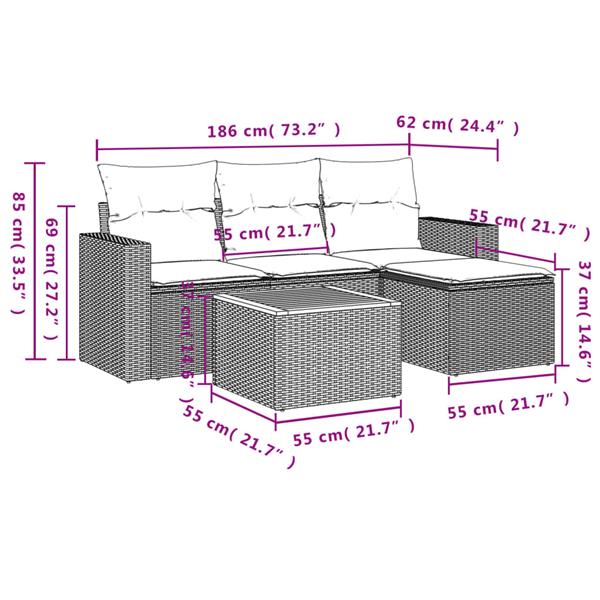 Grote foto vidaxl 5 delige loungeset met kussens poly rattan zwart tuin en terras tuinmeubelen