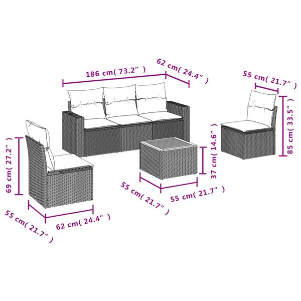 Grote foto vidaxl 6 delige loungeset met kussens poly rattan zwart tuin en terras tuinmeubelen