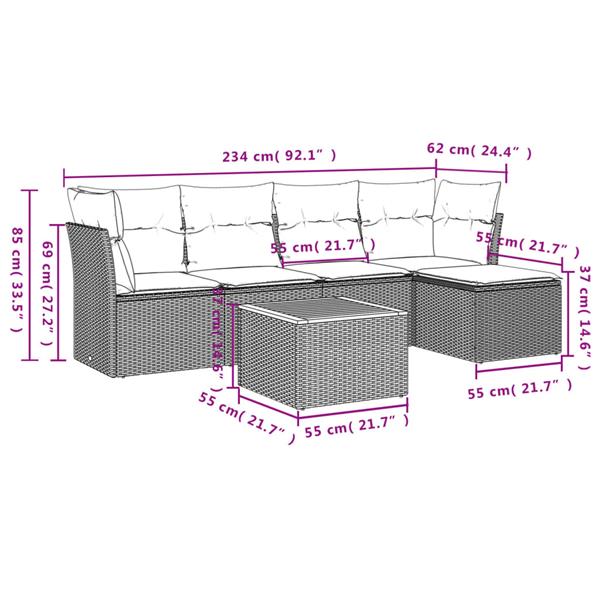 Grote foto vidaxl 6 delige loungeset met kussens poly rattan grijs tuin en terras tuinmeubelen