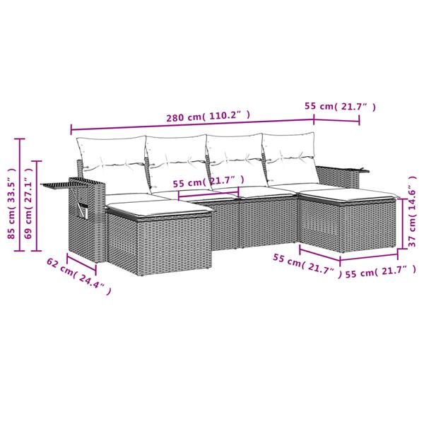 Grote foto vidaxl 6 delige loungeset met kussens poly rattan lichtgrijs tuin en terras tuinmeubelen