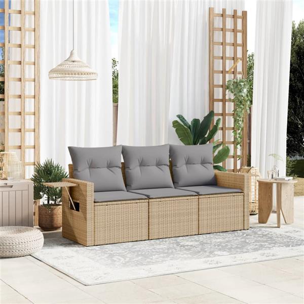 Grote foto vidaxl 3 delige loungeset met kussens poly rattan beige tuin en terras tuinmeubelen