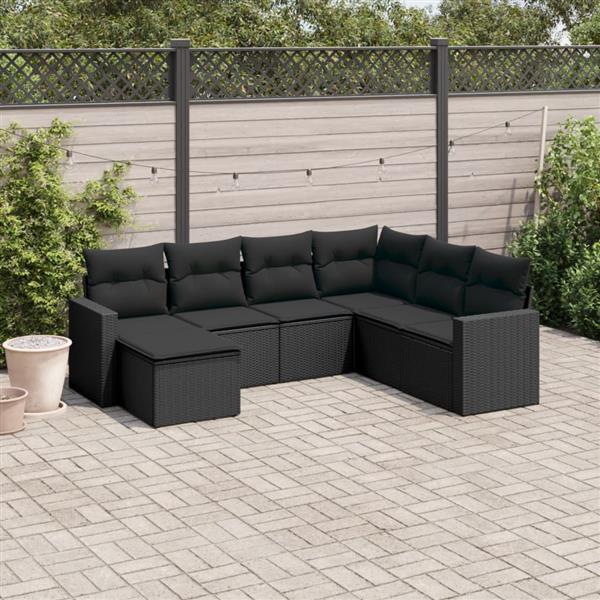 Grote foto vidaxl 7 delige loungeset met kussens poly rattan zwart tuin en terras tuinmeubelen