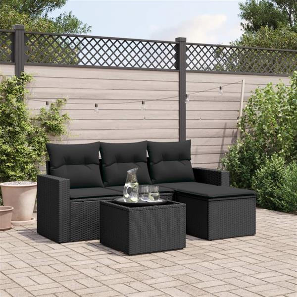 Grote foto vidaxl 5 delige loungeset met kussens poly rattan zwart tuin en terras tuinmeubelen