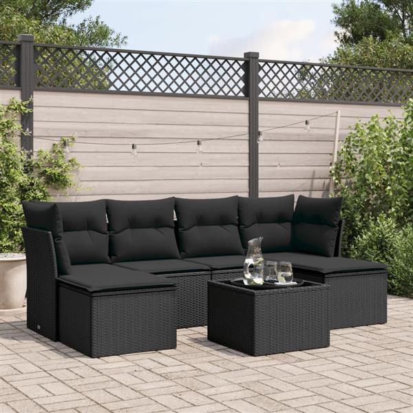 Grote foto vidaxl 7 delige loungeset met kussens poly rattan zwart tuin en terras tuinmeubelen