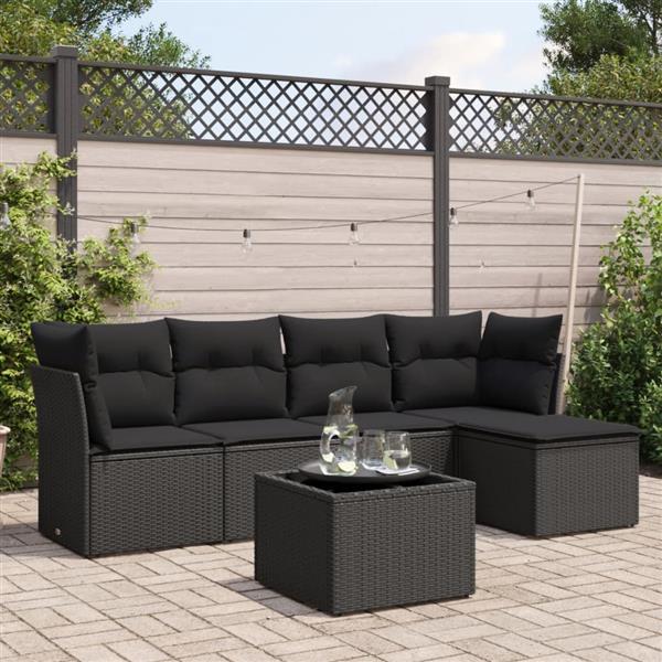 Grote foto vidaxl 6 delige loungeset met kussens poly rattan zwart tuin en terras tuinmeubelen