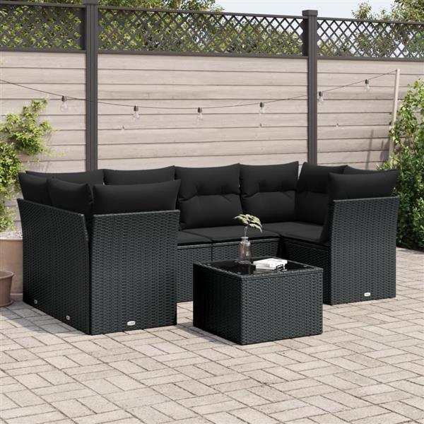 Grote foto vidaxl 7 delige loungeset met kussens poly rattan zwart tuin en terras tuinmeubelen