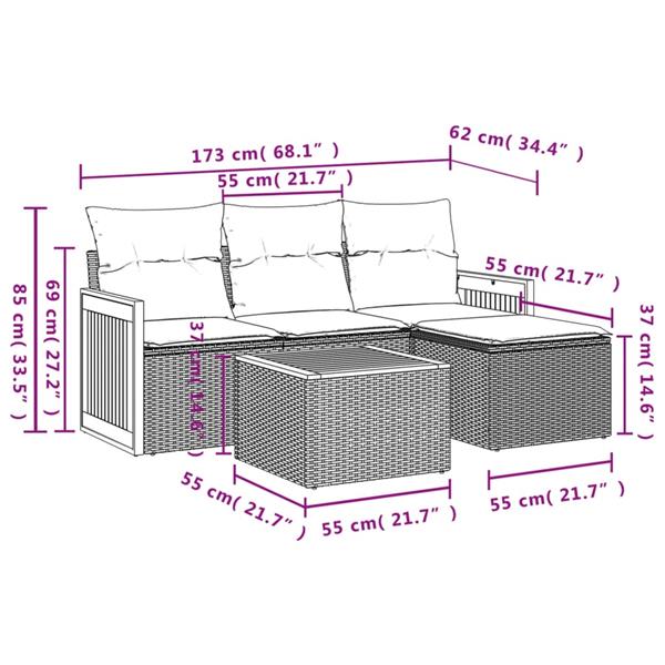 Grote foto vidaxl 5 delige loungeset met kussens poly rattan zwart tuin en terras tuinmeubelen