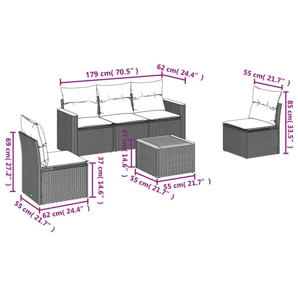 Grote foto vidaxl 6 delige loungeset met kussens poly rattan grijs tuin en terras tuinmeubelen